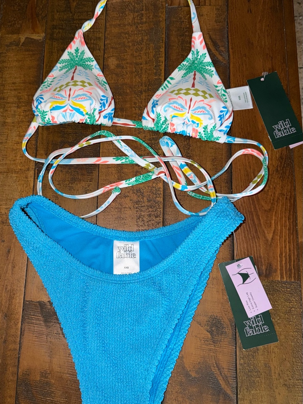 wild fable Tropical Print Triangle Bikini with Bright Blue Textured Bottoms